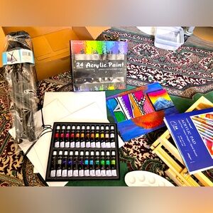 Deluxe Artist Complete Gift Set 24 Acrylic Paint Canvas, Palette Tray 2 Easels